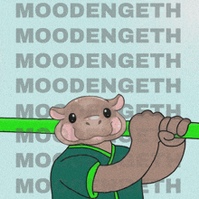 a cartoon of a hippo holding a green stick with the word moodengeth written in the background