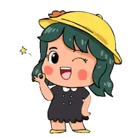 a cartoon girl with green hair wearing a yellow hat