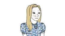 a drawing of a woman wearing a blue and yellow daisy shirt