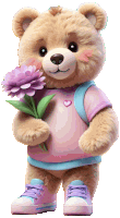 a teddy bear wearing a pink shirt with a heart on it is holding a bouquet of purple flowers