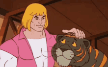 a cartoon character petting a tiger 's head .