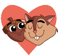 a cartoon drawing of a squirrel and an acorn in front of a heart