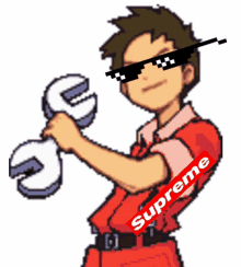 a cartoon character wearing sunglasses and holding a wrench with the word supreme on his shirt