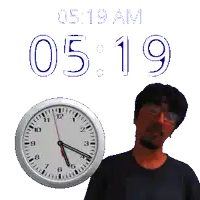 a man stands in front of a clock that says 05:19 am on it