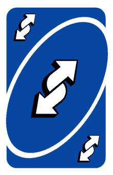 a blue uno card with two white arrows on it