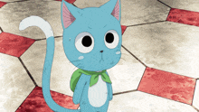 a blue cartoon cat with a green scarf around its neck