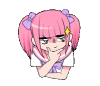 a cartoon girl with pink hair and purple bows is thinking