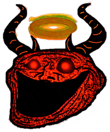 a cartoon drawing of a troll with horns and red eyes