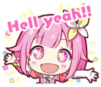 a sticker of a girl with pink hair saying hello yeah !!