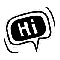 a black and white speech bubble with the word hi in it .