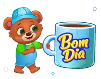 a cartoon teddy bear is holding a blue cup that says bom dia