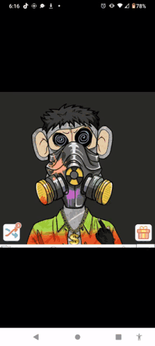 a cartoon of a man wearing a gas mask and a rainbow shirt