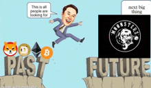 a cartoon of a man jumping over the word past and the word future