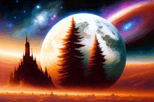 a painting of a castle and trees in front of a planet