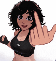 a cartoon girl wearing a black adidas sports bra giving the middle finger