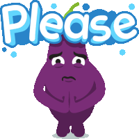 a cartoon illustration of a purple eggplant with a sad face and the word please above it