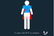 a stick figure is wearing a superhero cape and a blue shirt .