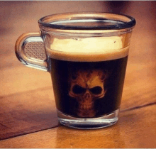 a cup of coffee with a skull on it sits on a wooden table