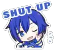 a sticker of a boy with blue hair and the words `` shut up '' on it .