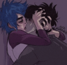 a drawing of a boy with blue hair kissing another boy with purple hair