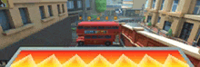 a red double decker bus is driving down a street in a video game