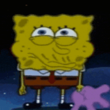 spongebob is standing next to a pink starfish