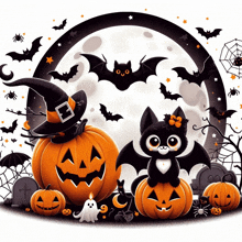 a black cat in a witch hat sits on a pumpkin surrounded by bats