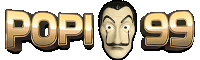 a gold logo for pop 99 with a man 's face