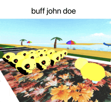 a bunch of buff john doe stuffed animals on a floral floor