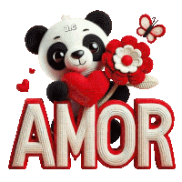 a panda bear is holding a red heart and a red flower with the word amor behind it