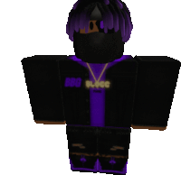 a roblox character with purple hair and a necklace that says boo plugg