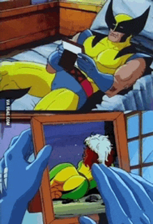 wolverine is reading a book and rogue is looking at a picture