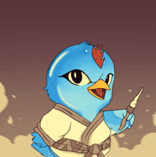 a cartoon drawing of a blue bird holding a sword