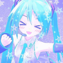 hatsune miku is a cartoon character with blue hair and a microphone .
