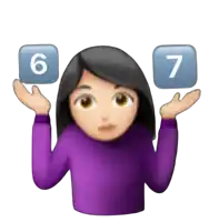 a woman in a purple sweater is holding two squares with numbers 6 and 7 on them