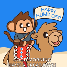 a monkey is riding on the back of a camel with a happy hump day banner