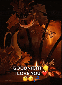 a goodnight i love you greeting with a candle and leaves