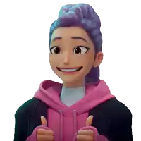 a cartoon girl with purple hair giving a thumbs up