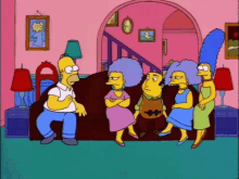 a cartoon of homer simpson sitting on a couch talking to a group of people