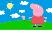 a cartoon drawing of peppa pig standing on a hill