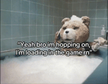 a teddy bear in a bathtub with the words yeah bro im hopping on
