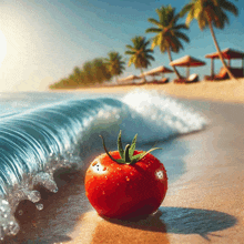 a tomato sits on a sandy beach near the ocean