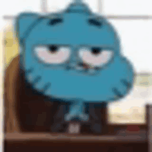 gumball the cat from the amazing world of gumball is sitting on a bookshelf .