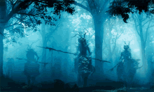 a group of warriors are riding horses through a dark forest