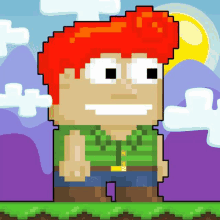 a pixel art character with red hair and green shirt