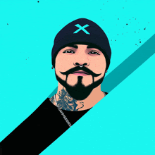 a man with a beard is wearing a beanie with a x on it