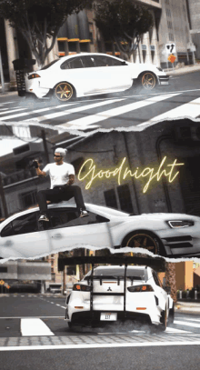 a man sits on the roof of a white car with the words goodnight written in neon