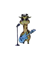 a giraffe holding a blue guitar and singing into a microphone