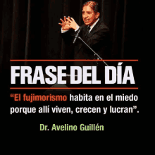 a man speaking into a microphone with a quote from dr. avelino guillén