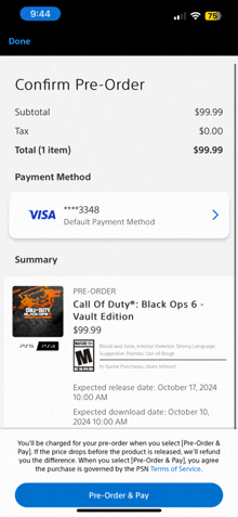 a phone screen shows a pre-order for call of duty black ops 6